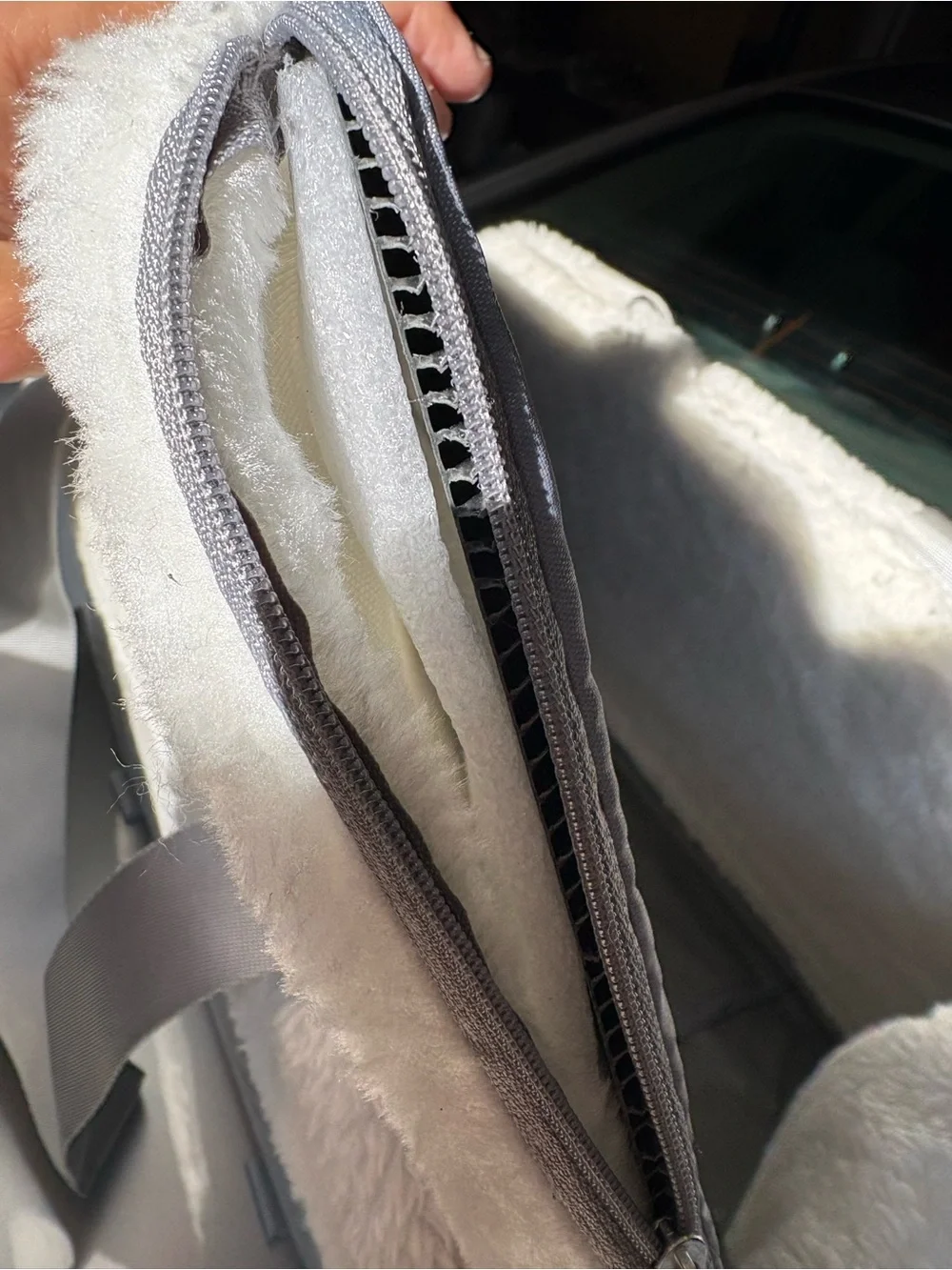 White & Gray Quilted Sherpa Small Pet Carrier Tote For Middle Console